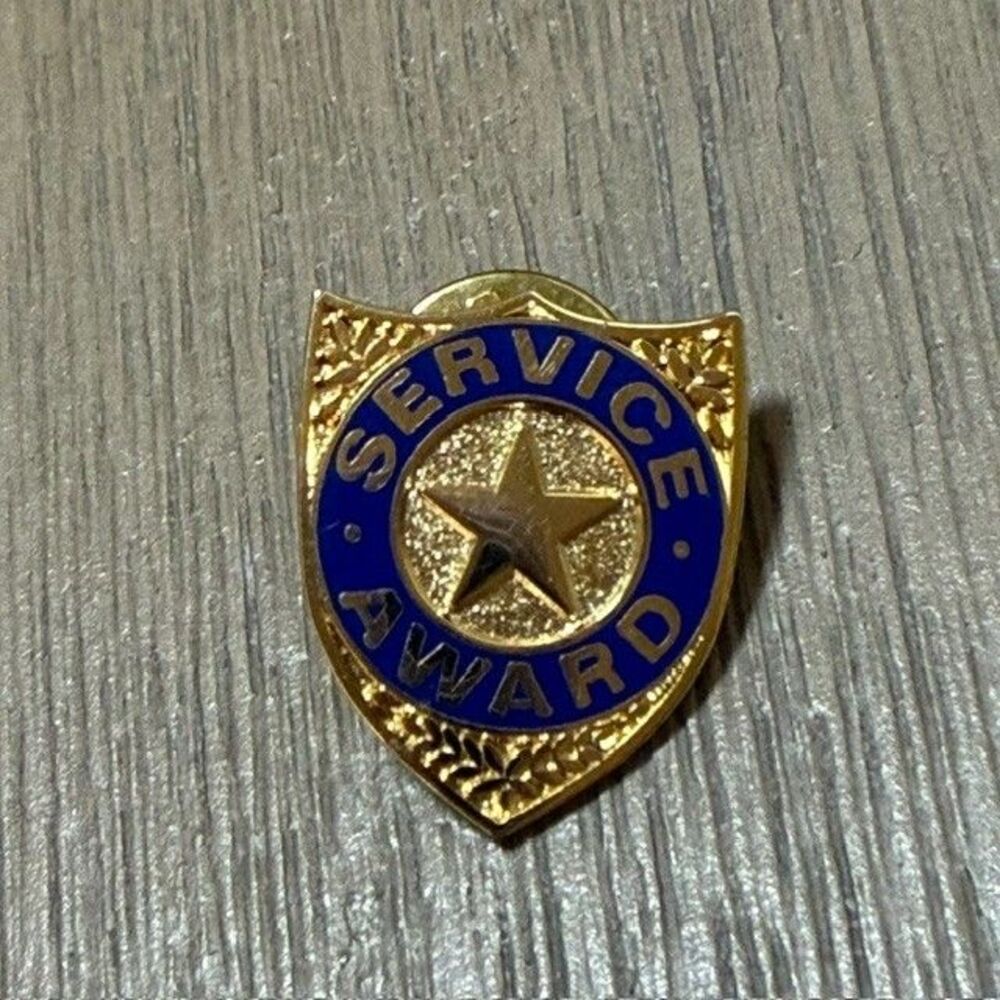 Vintage Service Award Shield Gold Tone Star Blue Enamel Lapel Pin